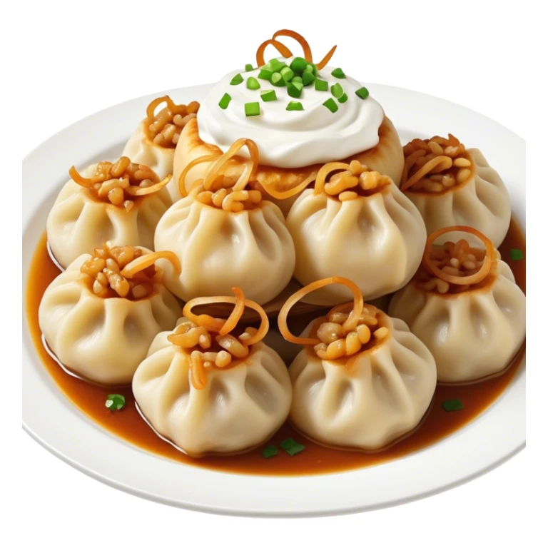 Ukrainian dumplings with fried onions and sour cream on top sticker