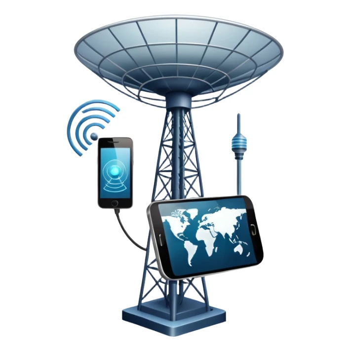 An icon featuring a satellite dish, a cell tower emitting signals, and a smartphone displaying a chat interface. The design includes fiber-optic cables and data waves, symbolizing global communication, connectivity, and information exchange. Transparent background. sticker