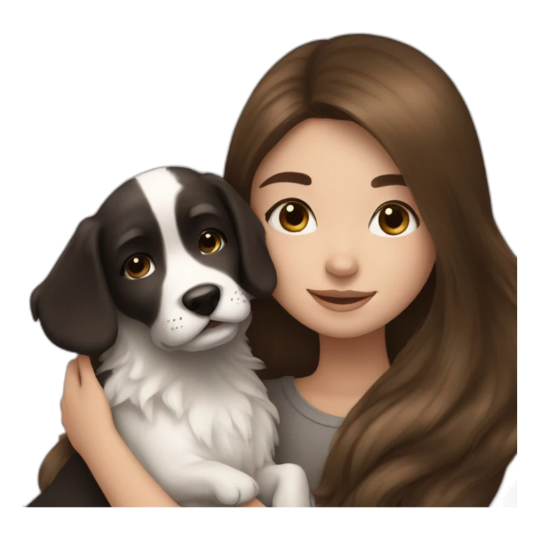 long brown hair girl cuddling a cute black and white dog sticker
