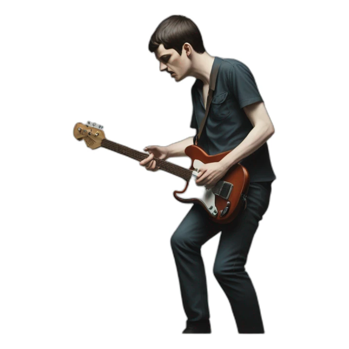 photo realistic Ian Curtis, standing, playing electric guitar, full body view sticker