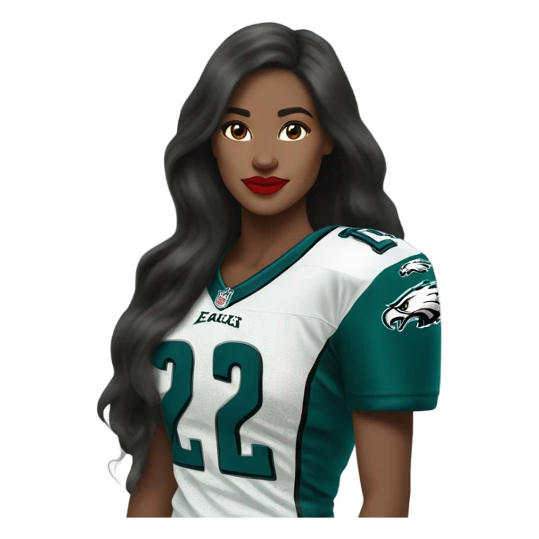 White female long dark hair red lips wearing Philadelphia Eagles jersey sticker