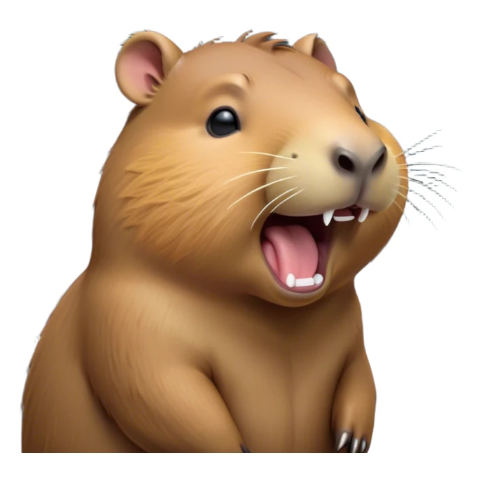 Cinematic Cute Yawning Capybara Portrait Emoji, Head tilted slightly with a dramatic, wide-open yawn, showcasing a plush, rounded body with a broad capybara head featuring a short snout and subtle, small ears, with drowsy, half-closed eyes and a relaxed expression, Simplified yet irresistibly adorable features, highly detailed, glowing with a soft, cozy natural glow, high shine, relaxed yet expressive, stylized with a dash of whimsical charm, soft glowing outline, capturing the essence of a drowsy yet affectionate capybara guardian that seems ready to stretch out for a nap! sticker