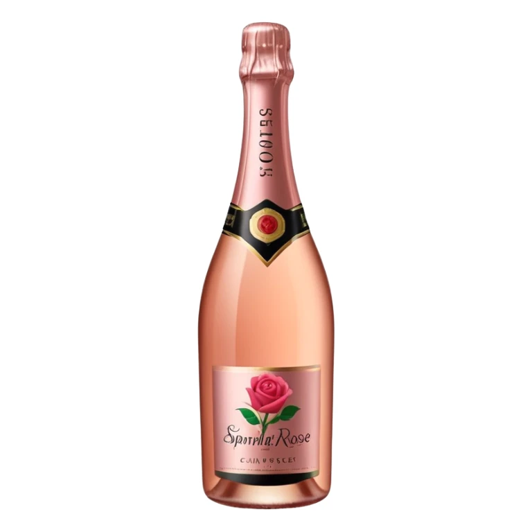 bottle of sparkling rosé champagne with a rose logo on the label, tilted up and to the right, no glass sticker