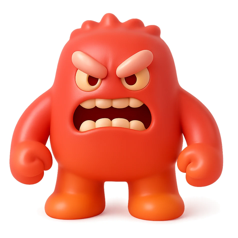 angry monster with furrowed brow, bared teeth, clenched fists, bright red and orange colors, toy-like sticker
