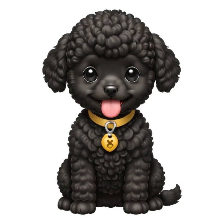 A high-resolution square-format digital illustration of a black toy poodle puppy in a clean, emoji-inspired semi-realistic style. The poodle is shown from the chest up, facing forward with a slight tilt of the head to the left, tongue out playfully. sticker
