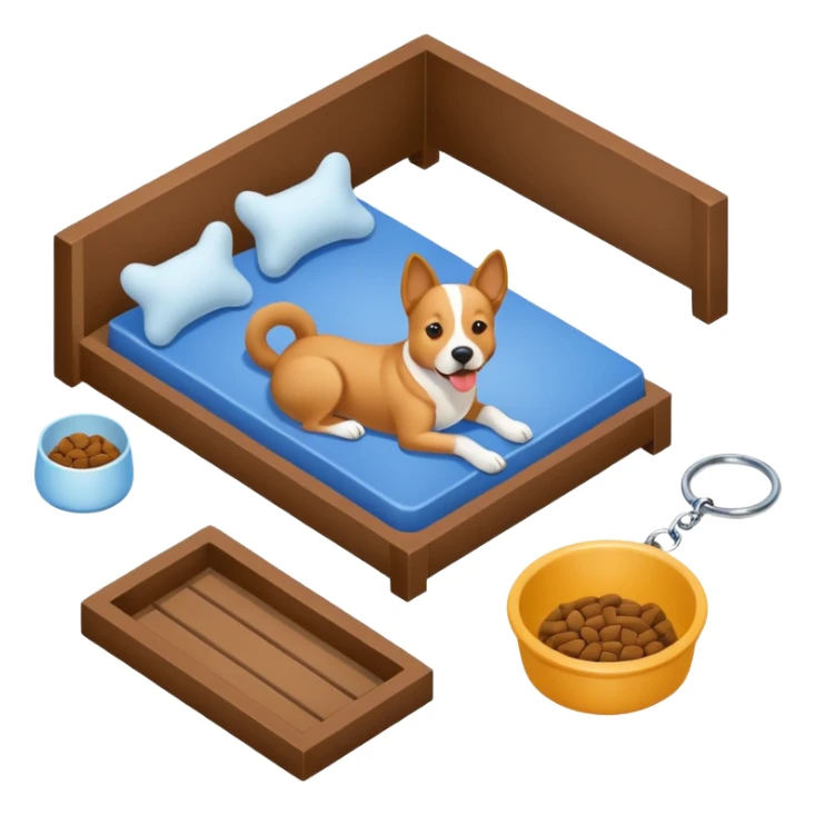 Goals:
1) Isometric view
2) Physically realistic portrayed in a way that would be expected to the average person
3) Avoid anything that could be considered offensive, even 2%

---
Now generate an image to represent a list to buy items for a dog. Items include: Kennel, bowl, bed, leash, etc sticker