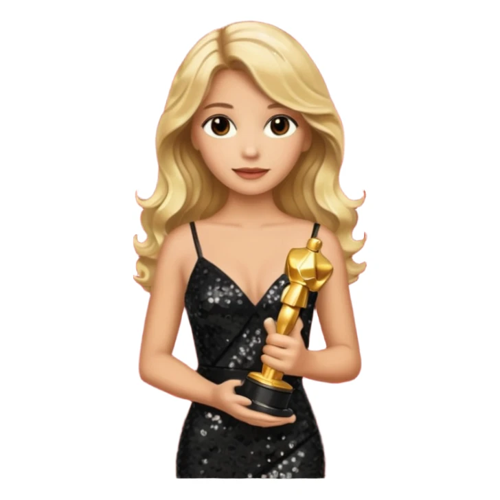 blonde model, brown eyes, long wavy hair, oscars red carpet, black sequin, holding oscar sticker
