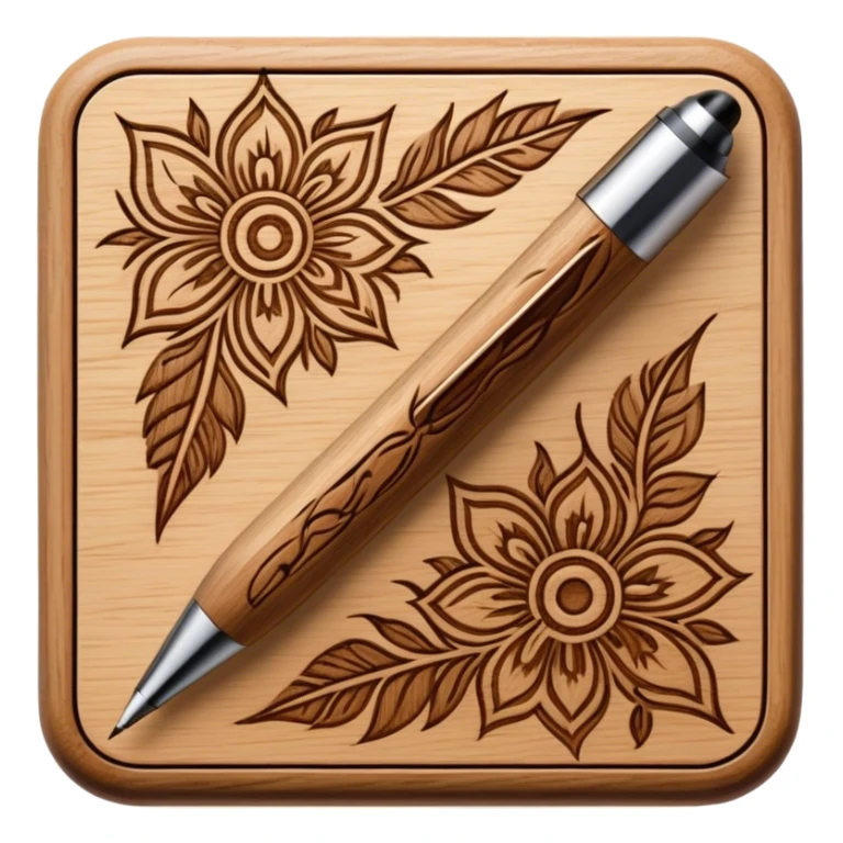 Pyrography icon, wooden surface with detailed burn marks, intricate patterns etched into wood using a hot stylus, no flames or smoke, minimalistic style, clean lines, transparent background. sticker