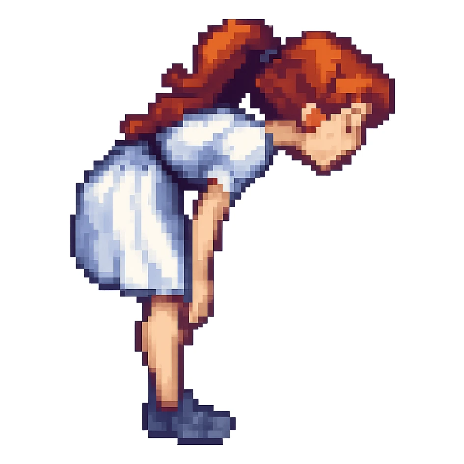 Make the bending woman pose much more exaggerated, keep the pixel art style, with no background. The style is pixel art, concise and pixelated. sticker