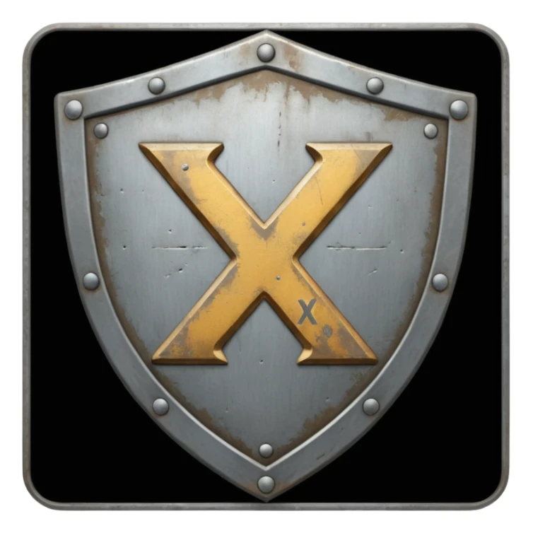 a battle worn steel shield with engraved text "XXX", the text should be prominent and in the center of the shield sticker