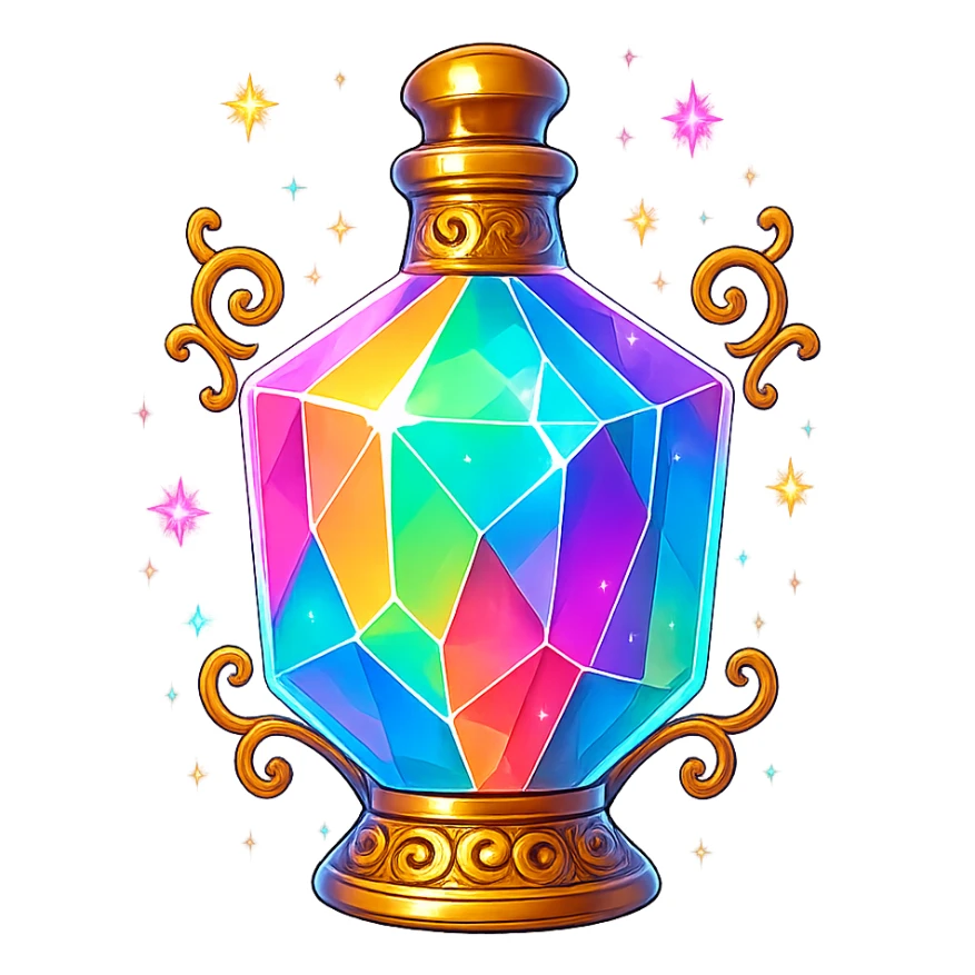 luxurious crystal elixir bottle in colorful chewing gum style, bright colors, lots of glow, edges, ornaments, golden details, magical effects, very small golden neck, transparent background, beautiful seamless bottom, bottle clearly floating in air, no base or shadow, premium class impression, playful design, colorful, matching a collection of crystal, luxurious, magical bottles sticker