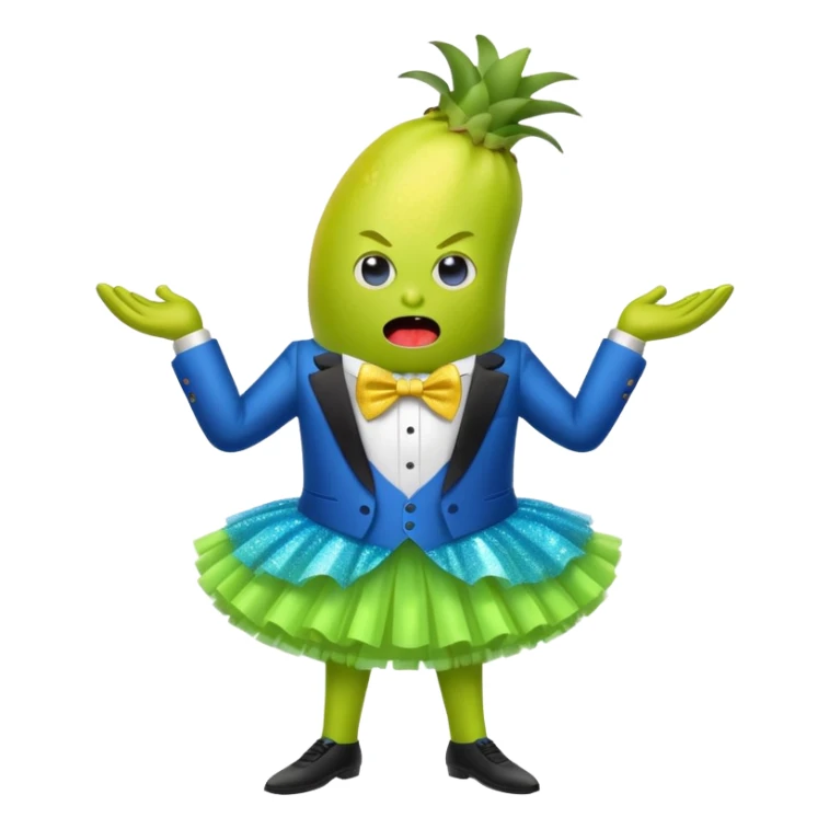 Angry blue banana fruit wearing a sparkly lime green tuxedo and tutu sticker