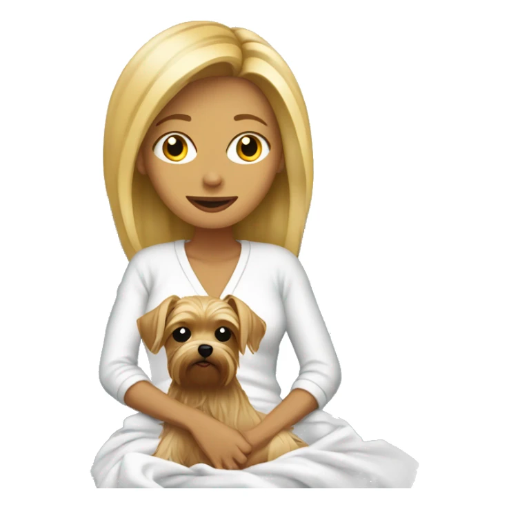 Blonde woman sitting on sofa with Yorkie covered in her sheets sticker