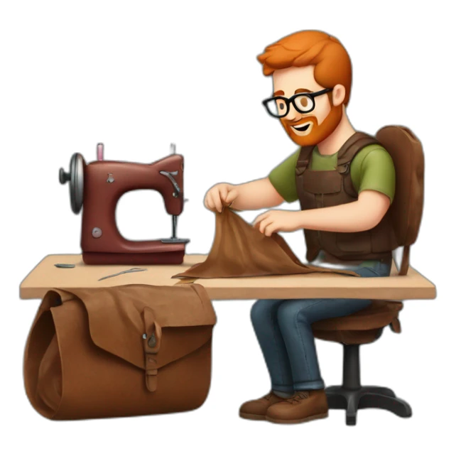 Red smooth haired man with beard and glasses sewing a leather bag by hand sticker