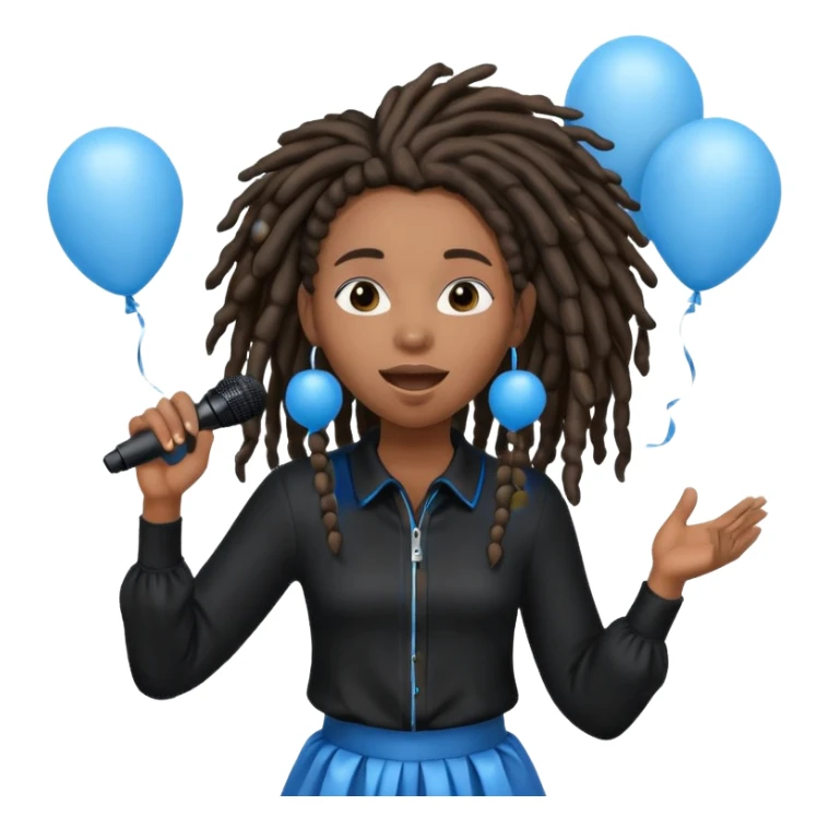 Black girl Stud with dreadlocks singing dressed in black 1,2,3 release em with white and blue balloons flying overhead emoji like with mic in hand  sticker