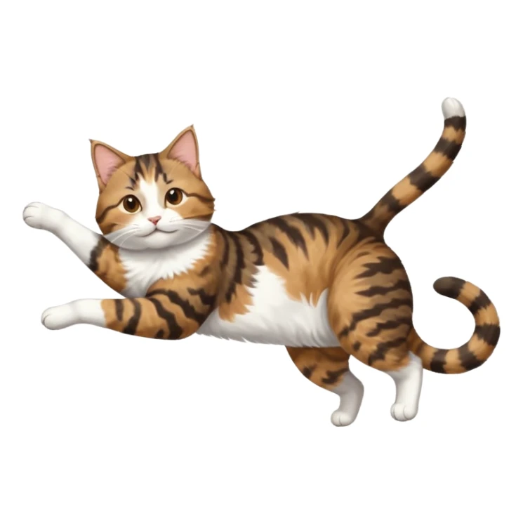 brown tabby and white cat with doing a big extremely long stretch reaching up into the air with arms and legs side by side together straight and overextended whilst lying on its side sticker