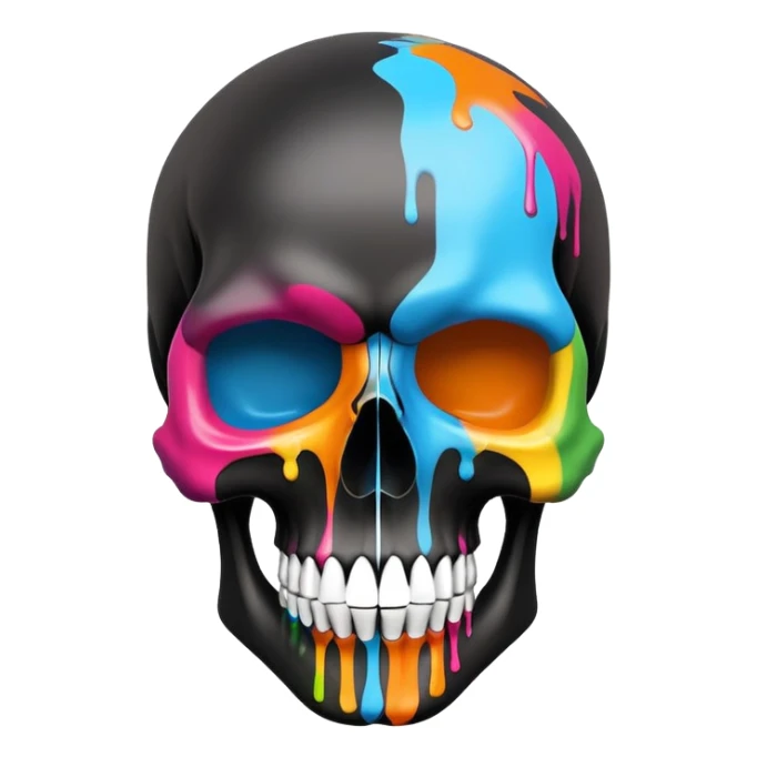 sleek black skull with colorful graffiti paint and brand logos contained within the skull shape, no drips extending beyond the skull outline, front view sticker