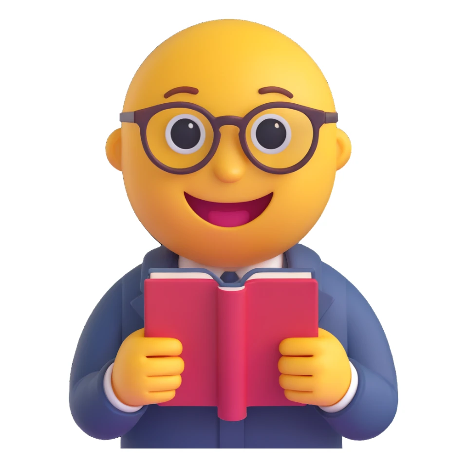3D smiley emoji, round shape, librarian: wearing glasses, holding book, funny face sticker