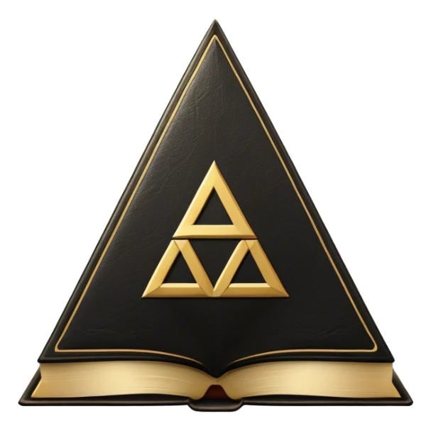 A black and gold book with an aged leather texture, embossed with an alchemical symbol, a compass, or a forging hammer, exuding wisdom, mastery, and the relentless pursuit of greatness. - book on mastery ... silhouette of a triangle  sticker