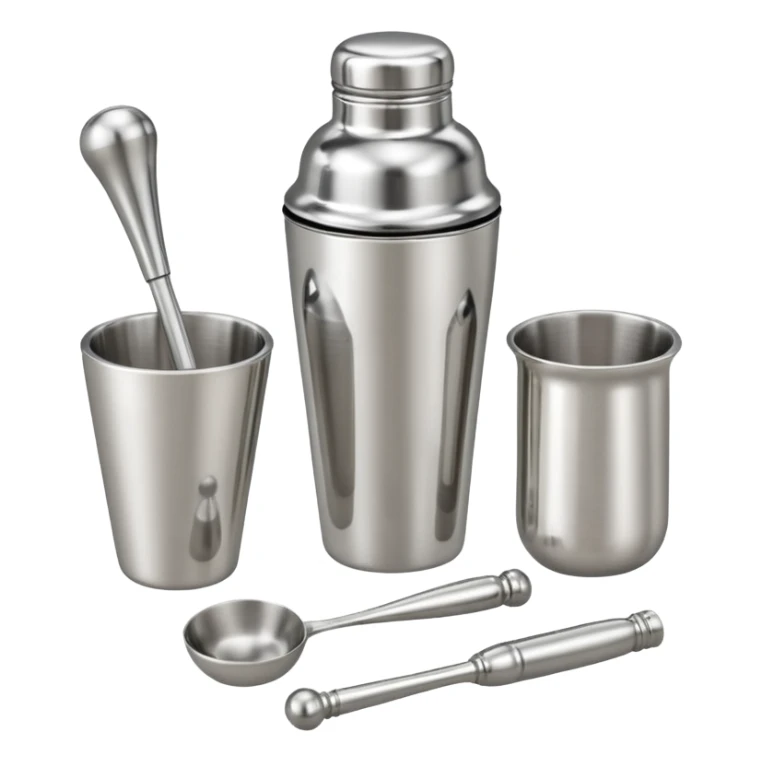 A metal shaker set including a shaker, jigger, and muddler neatly placed on the counter.
 sticker