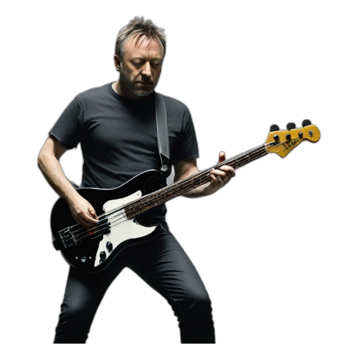 photo realistic, Peter Hook from Joy Division, in 1979, playing, Yamaha black bass guitar, standing up, full body, front view sticker