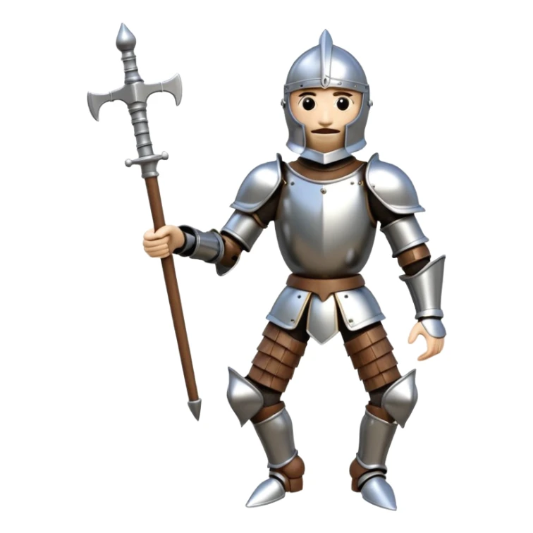 3D render of Knight Puppet as a wooden marionette puppet, Painted silver wood armor, strings, silver metal screw joints at elbows and knees, polished brown wood texture, rigid toy pose, emoji style, isolated on white background --v 6.0. sticker