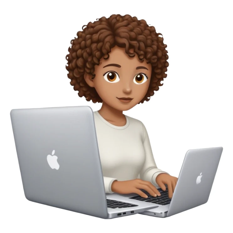 person with brown eyes and short-medium brown curly hair working on a laptop sticker