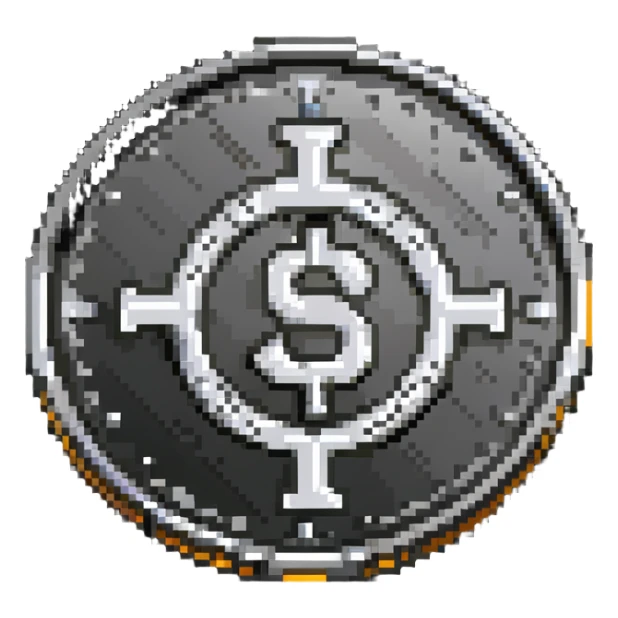 A silver coin with S.R symbols engraved prominently sticker