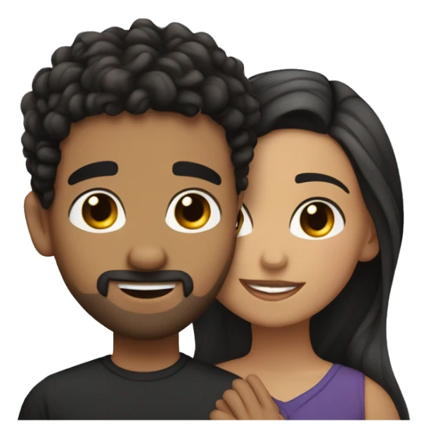Hispanic girl with light skin, hazel eyes and black wavy hair side hugging Arab boy with medium curly hair and a small mustache and goatee sticker