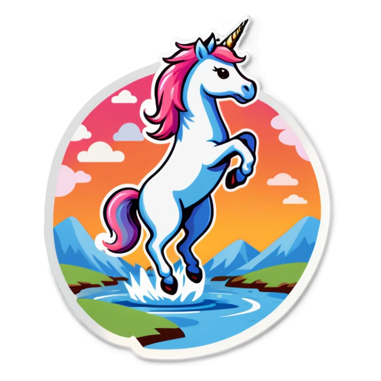 Unicorn jumping out of a river sticker