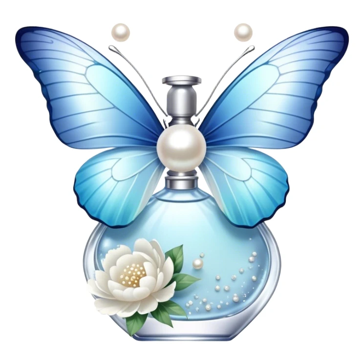 A delicate glass perfume bottle with an iridescent pearl finish rests on a vintage lace doily. A pale blue butterfly flutters nearby, its shimmering wings catching the soft golden light. Scattered white peony petals and a string of pearls add a touch of timeless elegance. sticker