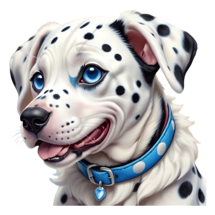 Cinematic Cute Yawning Harlequin Dalmatian Portrait Emoji, Head tilted slightly with a dramatic, wide-open yawn, showcasing a smooth Fur of predominantly white with bold black patches, floppy ears slightly drooping, round blue eyes barely open in drowsy contentment, Simplified yet irresistibly adorable features, highly detailed, glowing with a soft, cozy glow, high shine, relaxed yet expressive, stylized with a touch of whimsy, bright and endearing, soft glowing outline, capturing the essence of a sleepy yet affectionate guardian, so drowsy it feels like it could stretch out of the screen and curl up for a nap! sticker