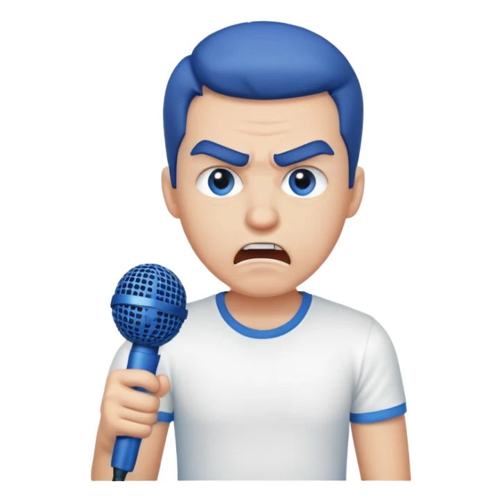 a man in a white T-shirt and a blue microphone gets angry when people tell him about his cell phone. sticker