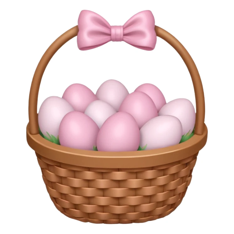 white basket full of light pink easter eggs with a light pink bow at the center sticker