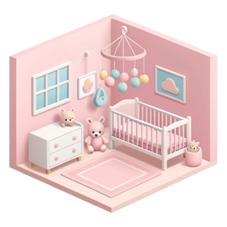 isometric baby room, Nursery with pastel walls and hanging mobile sticker