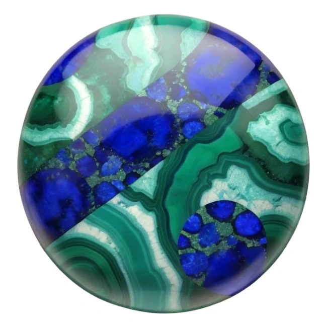 Round cabochon gemstone with blue azurite and green malachite mixed patterns and high polish sticker