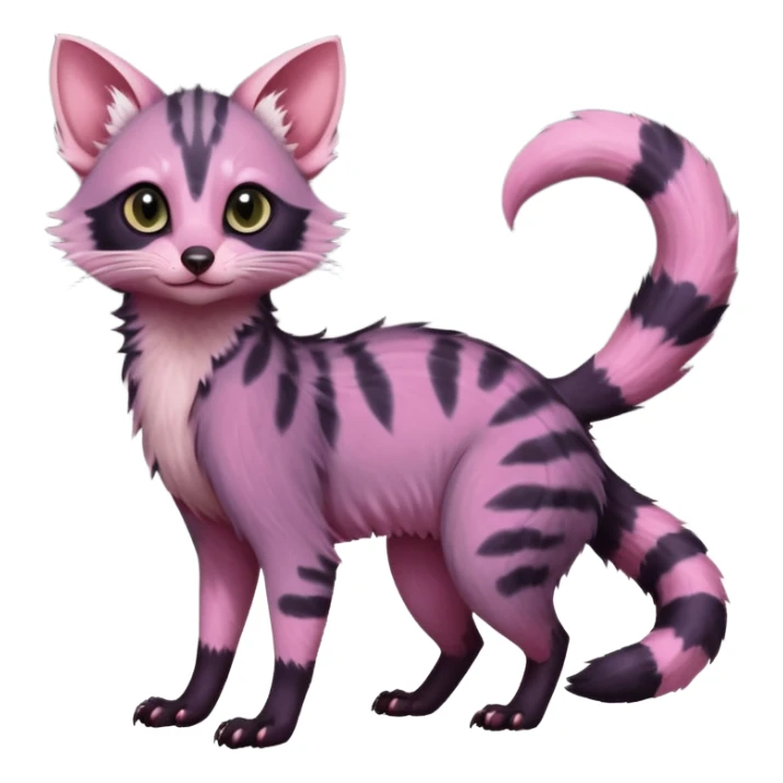 Deep dark pastel bright whitish pale Violet-pink-gradients with darker points Asian painted anime-styled big-eyed shiny glorious divine marked exotic cool beautiful realistic Lykoi-civet-genet-sergal-ocicat-oncilla-animal-Fakémon-hybrid-fursona (full body) sticker