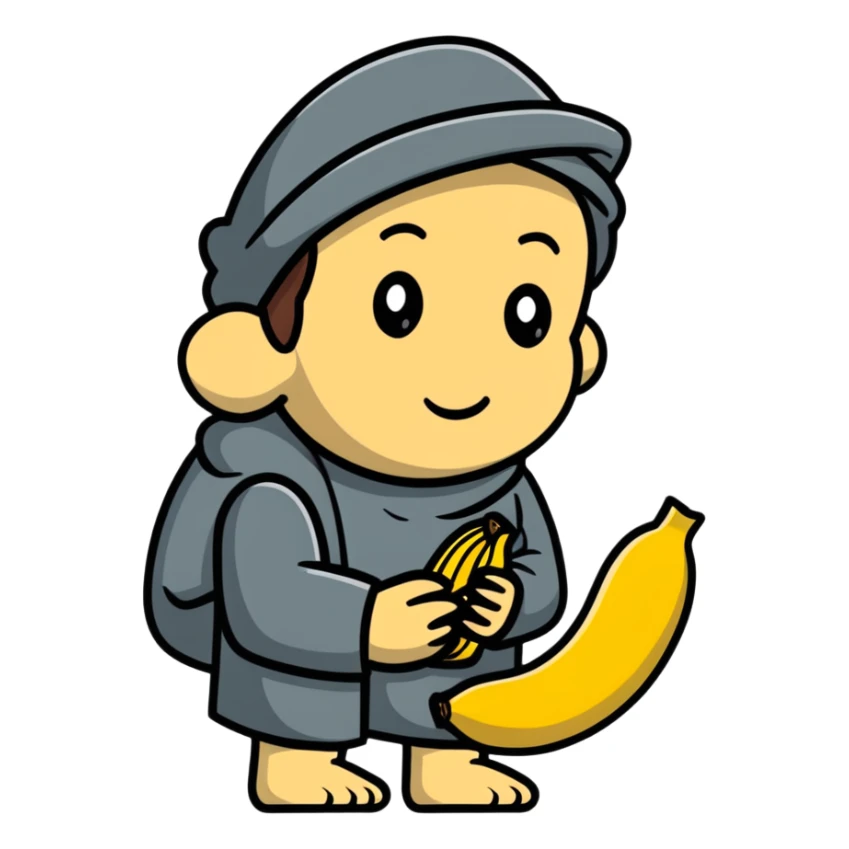 a beggar holding a chocobanana, looking hopeful sticker