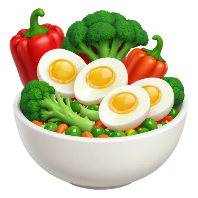 3D food emoji, glossy, smooth shapes, premium style,
broccoli, red bell pepper, rice bowl, chicken breast,
boiled eggs, vitamins bottle,
light warm background
 sticker