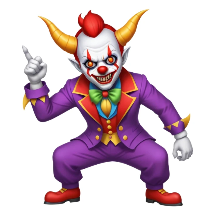evil clown with horns, fangs, pointed ears, leisure suit, battle-ready, fighting posture sticker