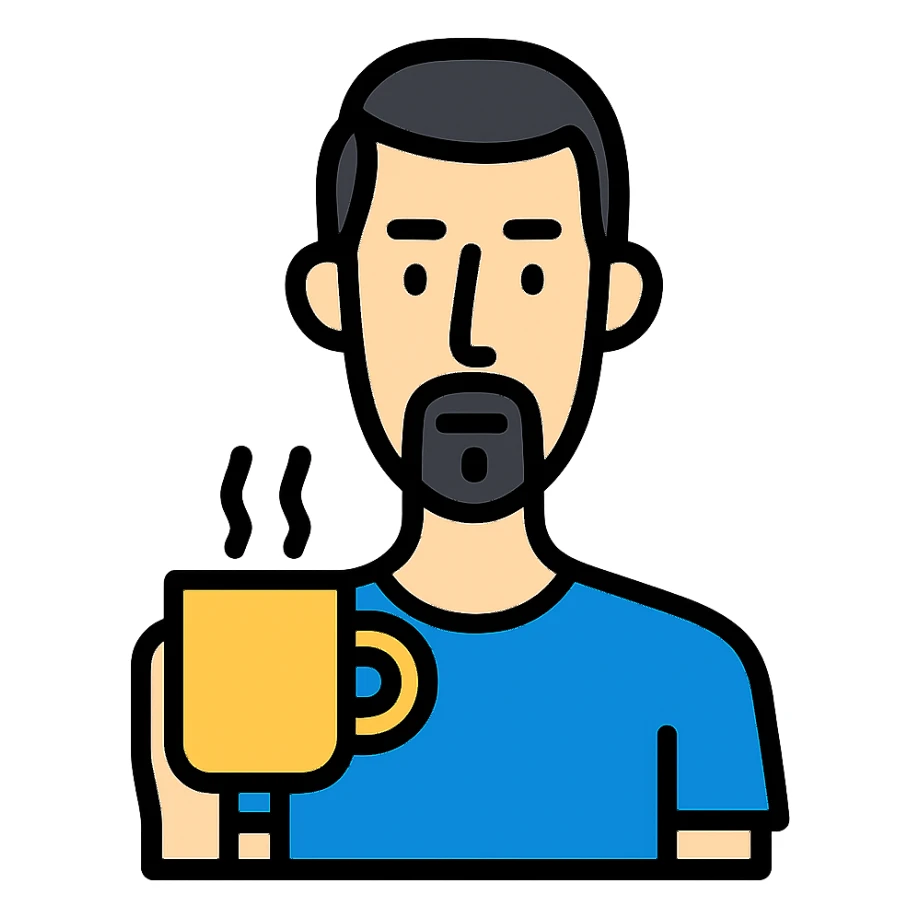 A thin guy with black hair, a long face, black beard, not too thick and long, holding a mug of coffee sticker