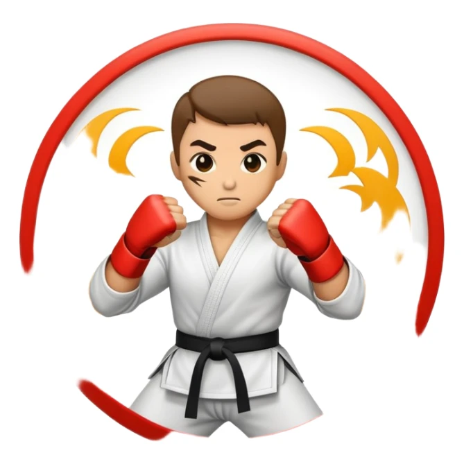 An emblem-style emoji symbolizing striking martial arts. The design features a stylized fighter in a dynamic stance, delivering a powerful punch, surrounded by a circular border with traditional elements like fists and combat symbols. Bold, clean lines with contrasting colors. sticker