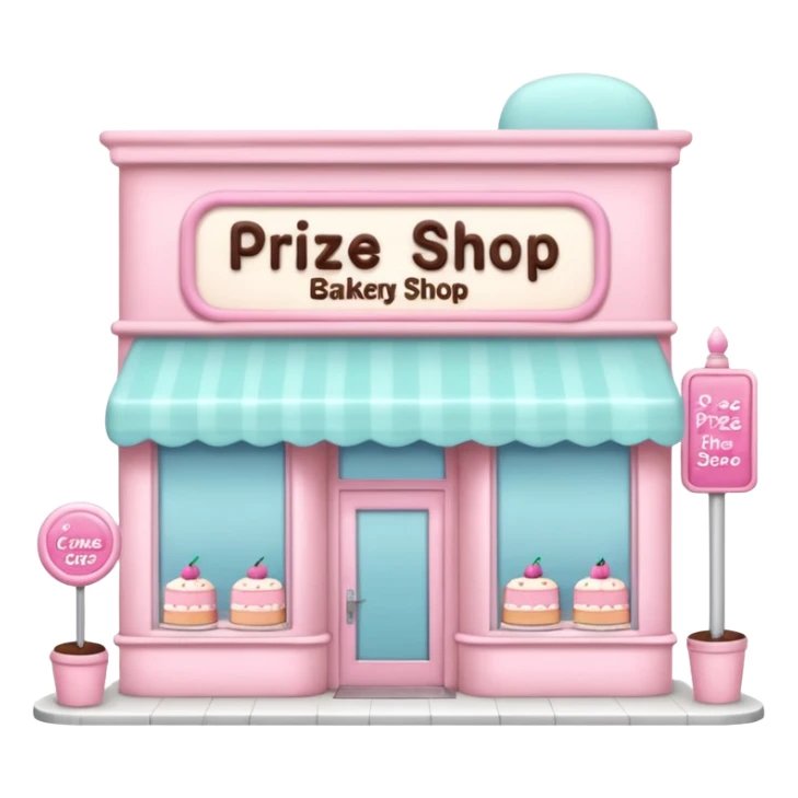 pastel pink cake bakery storefront with a large window and a sign above reading 'Prize Shop', charming and minimal, emoji style sticker
