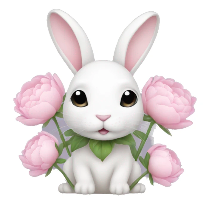 cute white bunny holding light pink peonies sticker