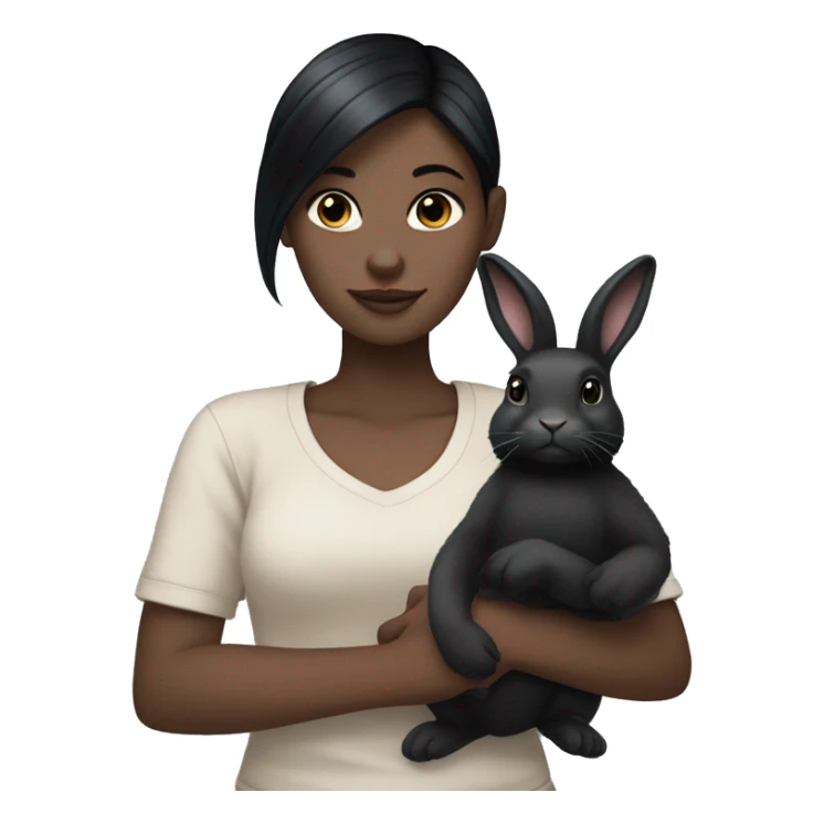 White girl with black hair holding a black bunny sticker