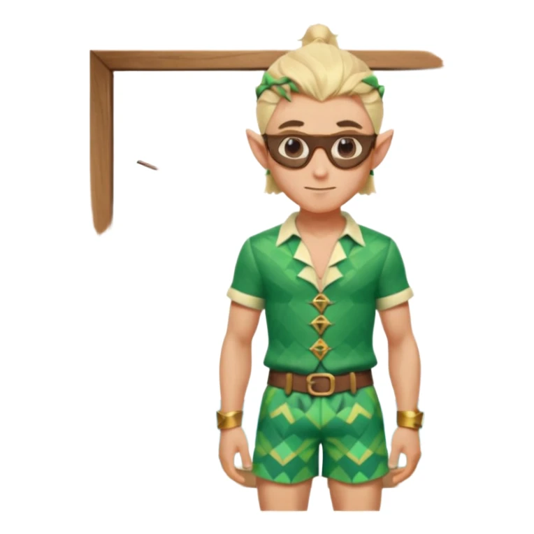 elf male legolas portrait, patterned board shorts (geometric/abstract), unique wooden-framed sunglasses, undercut hairstyle, slight smirk, visible pointy ears, no background, centered emoji, hipster summer vibe coctails sticker