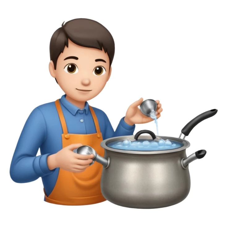 small metal pot filled with boiling water on a stove, visible hot steam and rising bubbles, realistic heat effect, shiny pot surface, bright lighting, clean white background sticker