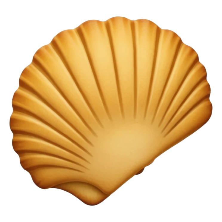 A madeleine pastry. Scalloped seashell shape with ONLY four to five vertical lines going in the same direction. Light golden brown. Scalloped edge. Cookie. Flat. Long. Oval shape sticker