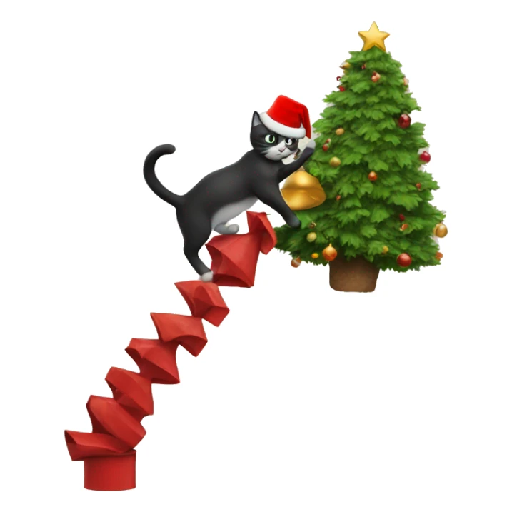 a cat climbing a christmas tree but the cat has a red top hat  sticker