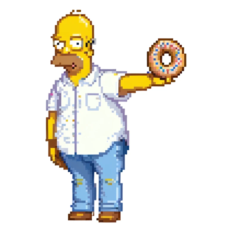 Homer Simpson pixel art style, yellow skin, bald head with two hairs, white shirt, blue pants, holding a donut sticker